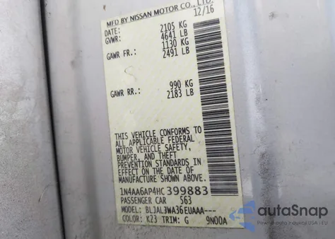 2017 Nissan Maxima 3.5 Sv из США, поврежденный, VIN 1N4AA6AP4HC399883